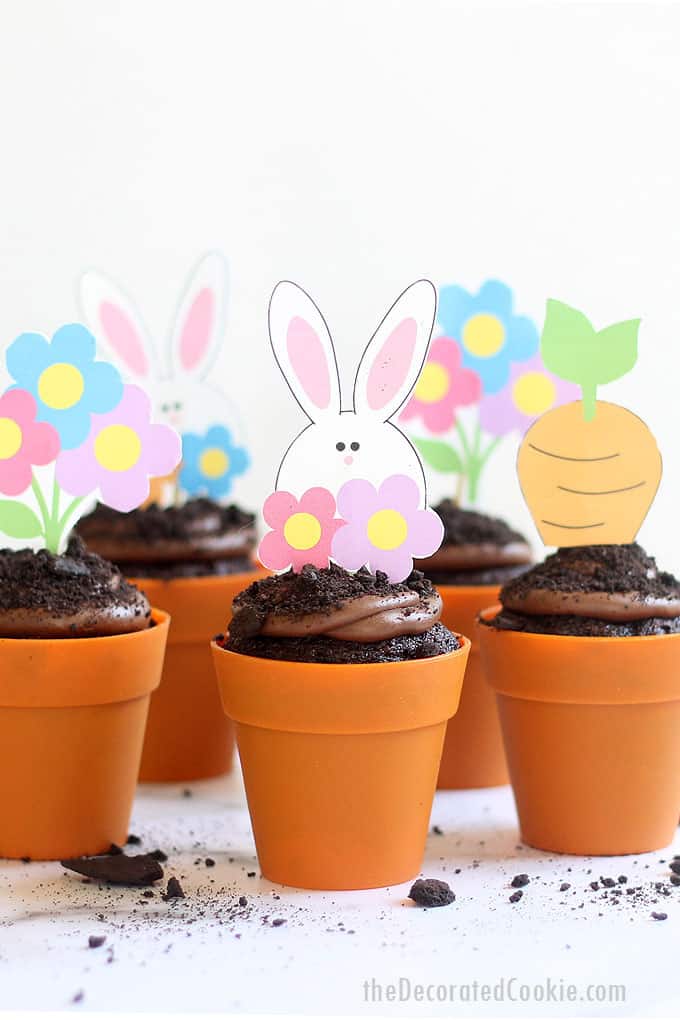 ONE-BOWL CHOCOLATE CUPCAKES AND CHOCOLATE BUTTERCREAM FROSTING -- Moist, flower pot Easter cupcakes with free Easter printables