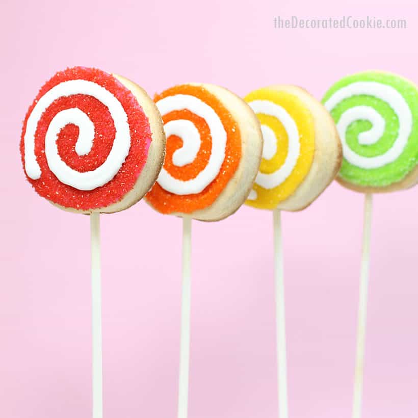 rainbow swirl cookies on a stick